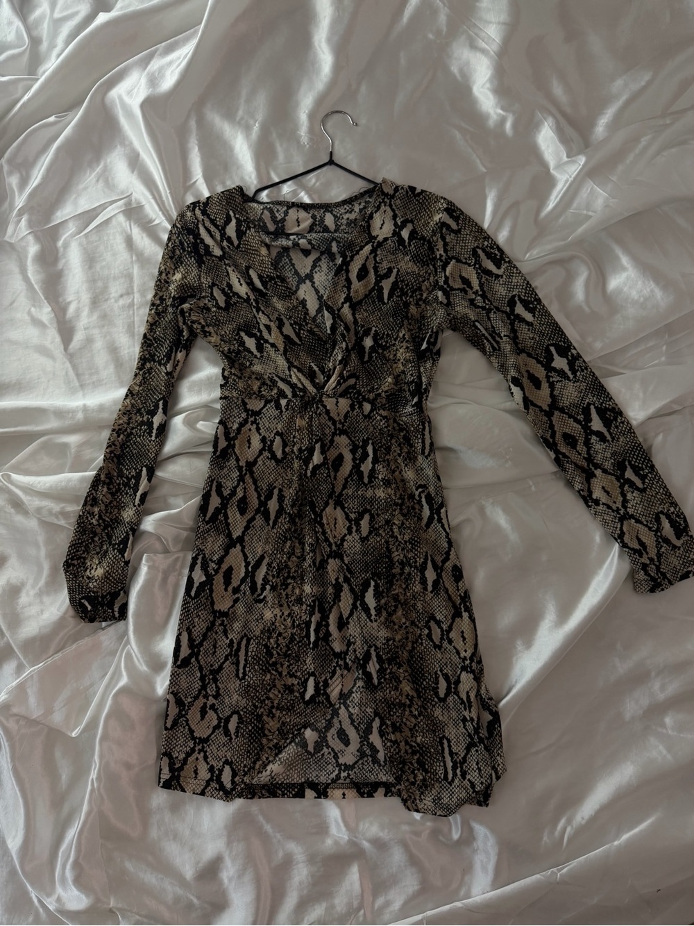 Snake Print Long Sleeve Wrap Dress in Beige & Black